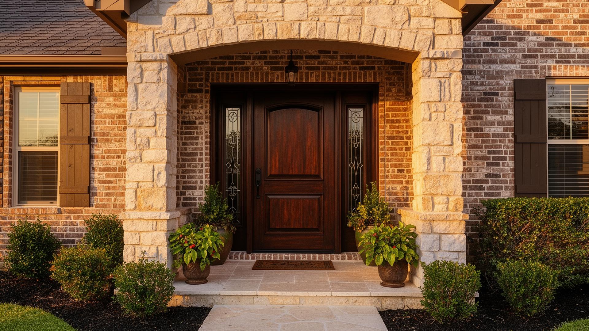 Welcoming brick and stone front entrance of a Texas home